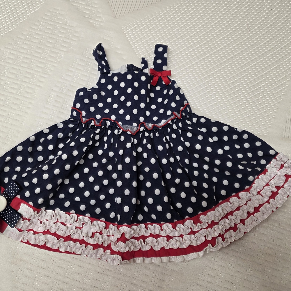 Bonnie Baby Navy White Polka Dot Dress with Red Trim